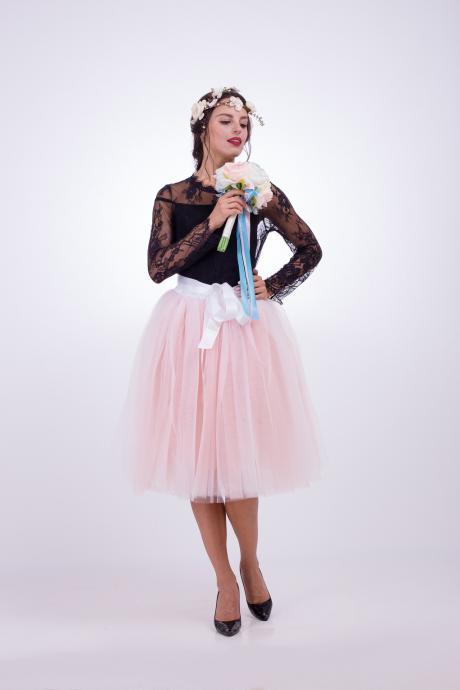 6 Layers Multi Color Tulle Midi Skirt Women Fashion Adult Tutu Skirts Mesh Bridesmaid Wedding Party Skirt Off White+pink
