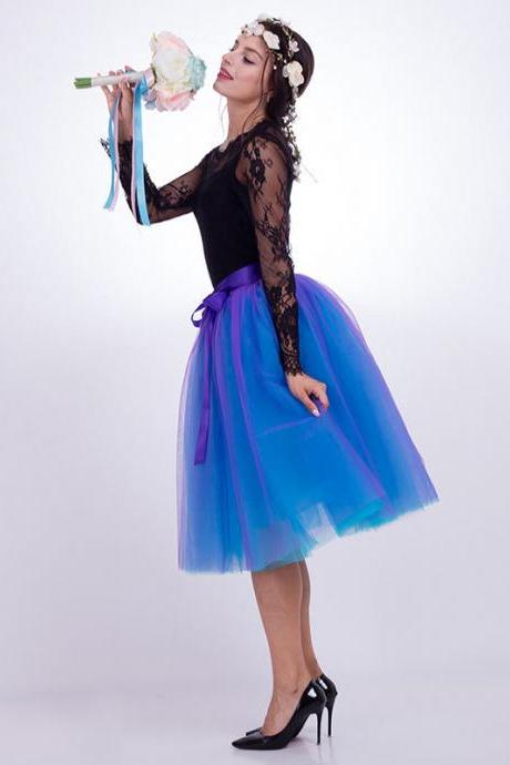 6 Layers Multi Color Tulle Midi Skirt Women Fashion Adult Tutu Skirts Mesh Bridesmaid Wedding Party Skirt Purple+blue