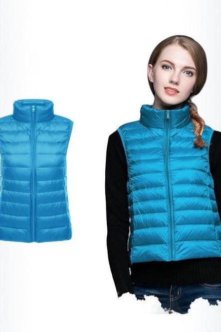 Women Sleeveless Waistcoat Winter Ultra Light Duck Down Vest Female Slim Jacket Packable Warm Coat blue