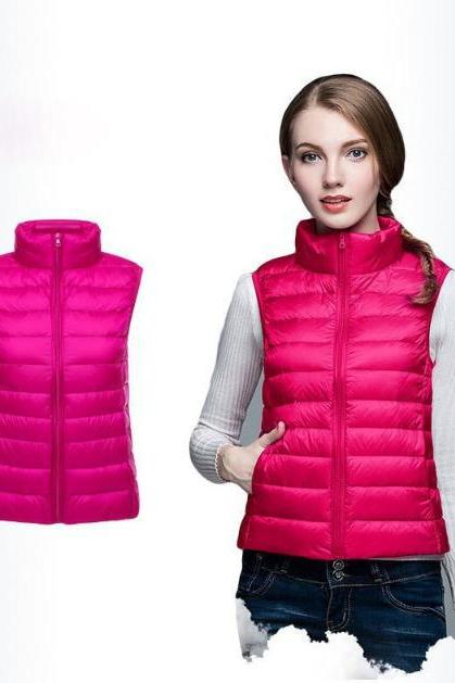 Women Sleeveless Waistcoat Winter Ultra Light Duck Down Vest Female Slim Jacket Packable Warm Coat hot pink
