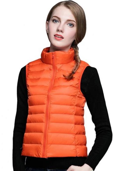 Women Sleeveless Waistcoat Winter Ultra Light Duck Down Vest Female Slim Jacket Packable Warm Coat orange