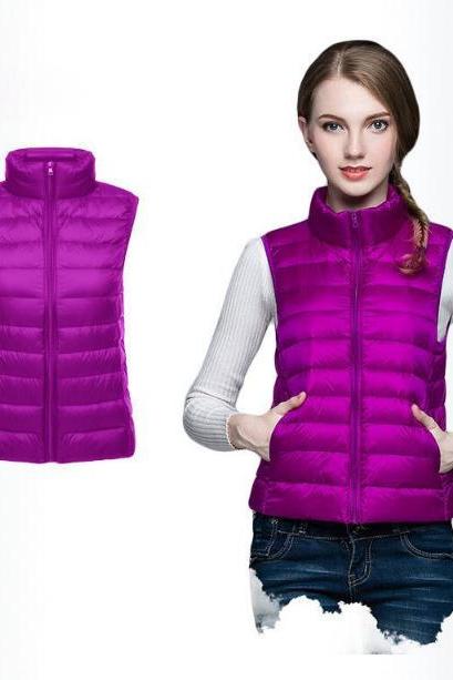 Women Sleeveless Waistcoat Winter Ultra Light Duck Down Vest Female Slim Jacket Packable Warm Coat purple