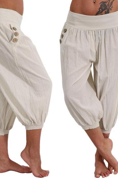 Women Aladdin Harem Pants Elastic Waist Plus Size Calf-Length Sportwear Workout Summer Casual Loose Capri Trousers beige