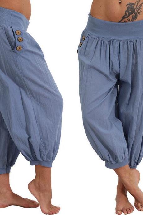  Women Aladdin Harem Pants Elastic Waist Plus Size Calf-Length Sportwear Workout Summer Casual Loose Capri Trousers light blue