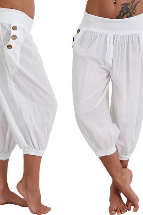 Women Aladdin Harem Pants Elastic Waist Plus Size Calf-Length Sportwear Workout Summer Casual Loose Capri Trousers off white