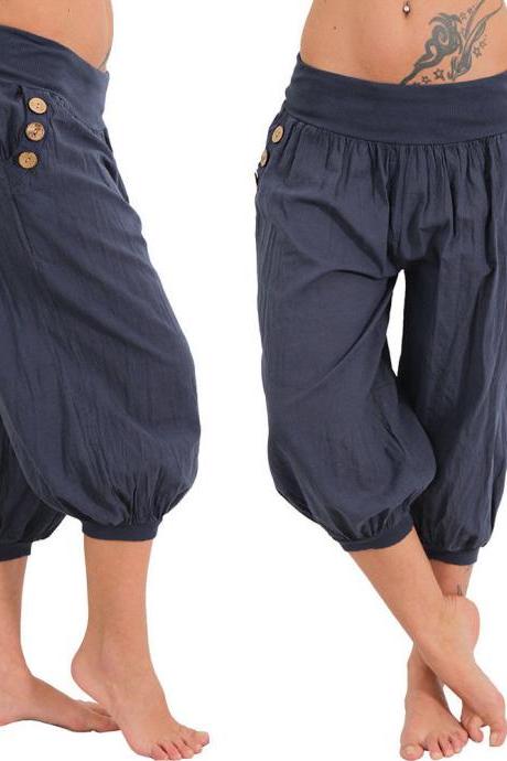 Women Aladdin Harem Pants Elastic Waist Plus Size Calf-Length Sportwear Workout Summer Casual Loose Capri Trousers navy blue 