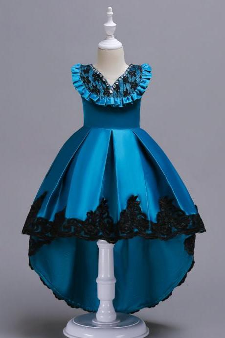 High Low Flower Girl Dress Sleeveless Lace Formal Birthday Party Gown Kids Children Clothes blue