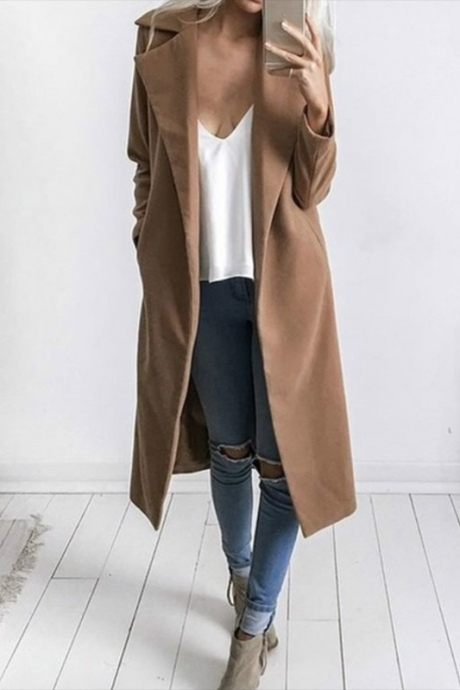 Autumn Winter Women Woolen Long Coat Long Sleeve Pockets Slim Casual Jackets Overcoat camel