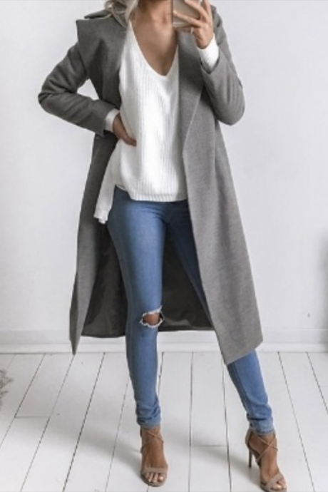 Autumn Winter Women Woolen Long Coat Long Sleeve Pockets Slim Casual Jackets Overcoat gray