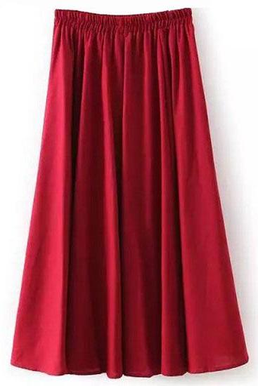 Women Midi Skirt Elastic High Waist Summer Below Knee Casual A Line Skater Skirt Crimson