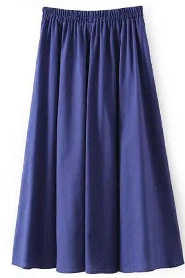 Women Midi Skirt Elastic High Waist Summer Below Knee Casual A Line Skater Skirt royal blue
