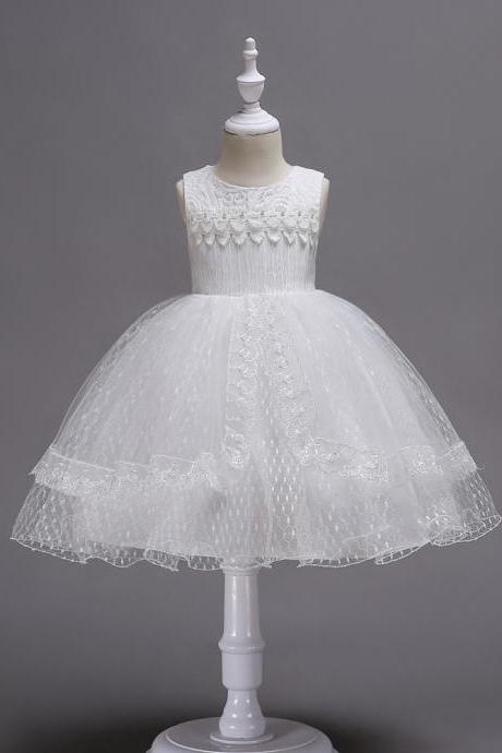 Lace Flower Girl Dress Sleeveless Princess Wedding Birthday Party Gown Children Clothes off white
