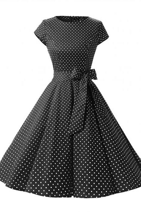  Vintage Polka Dot Dress Women Summer Short Sleeve Belted Rockabilly Casual Party Dress black (small dot)