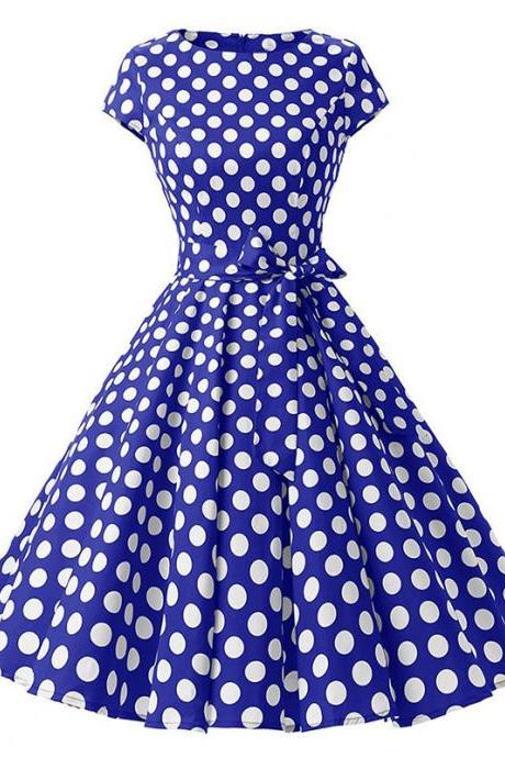 Vintage Polka Dot Dress Women Summer Short Sleeve Belted Rockabilly Casual Party Dress blue (big dot)