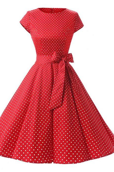 Vintage Polka Dot Dress Women Summer Short Sleeve Belted Rockabilly Casual Party Dress red (small dot)