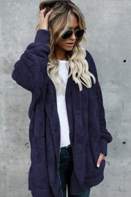 Women Faux Fur Coat Winter Long Sleeve Hooded Warm Fluffy Cardigan Jacket Overcoat dark blue