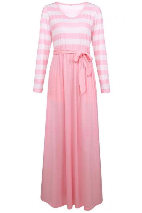  Women Maix Dress Boho Long Sleeve Striped Patchwork Belted Pocket Casual Long Beach Dress pink