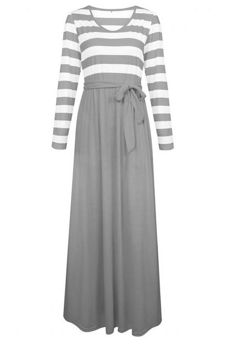 Women Maix Dress Boho Long Sleeve Striped Patchwork Belted Pocket Casual Long Beach Dress gray