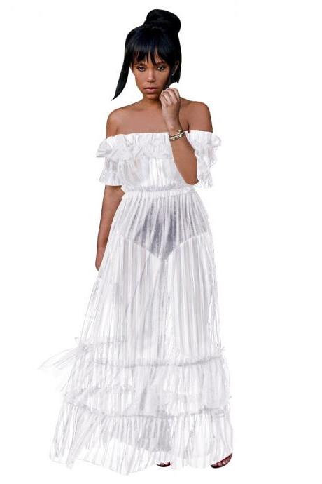 Sexy Off Shoulder Maxi Dress See Through Sheer Mesh Long Night Club Party Dress off white