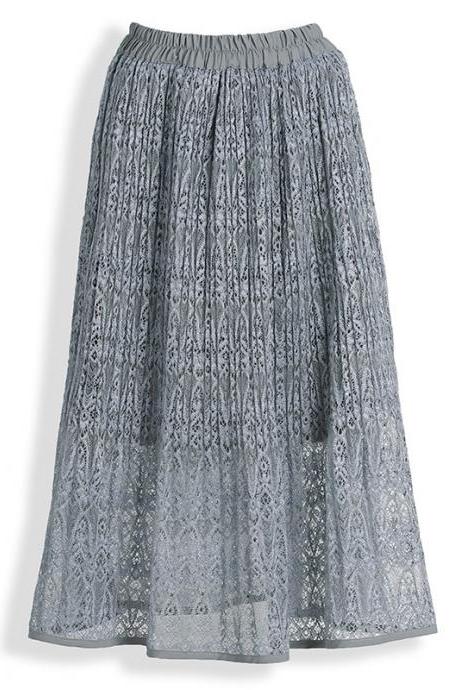 Women Lace Skirt Elegant Elastic High Waist Hollow Out Summer Casual Midi Skirt gray