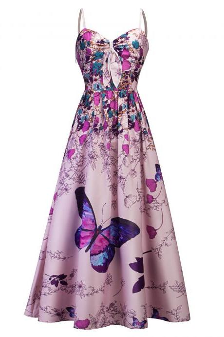 Women Butterfly Floral Printed Long Dress Spaghetti Strap Summer Beach Tea Length Boho A Line Sundress pink