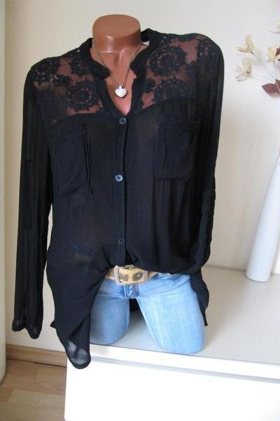 Women Blouse Lace Patchwork Long Sleeve Pocket V Neck Casual Loose Plus Size Shirt Black