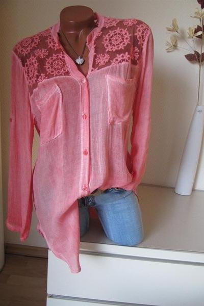 Women Blouse Lace Patchwork Long Sleeve Pocket V Neck Casual Loose Plus Size Shirt Deep Pink