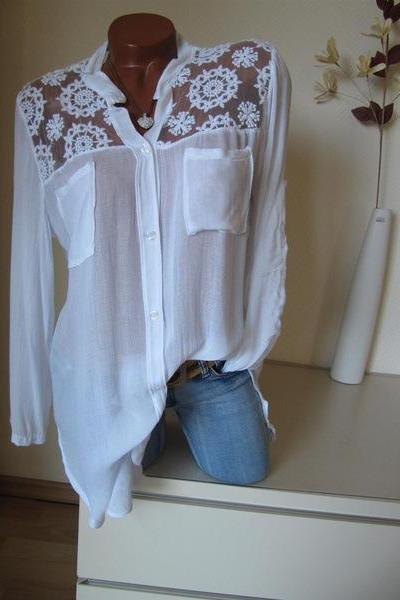 Women Blouse Lace Patchwork Long Sleeve Pocket V Neck Casual Loose Plus Size Shirt Off White