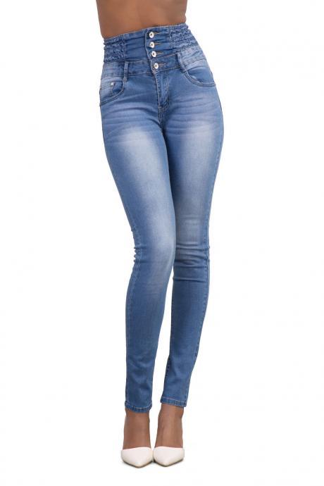 Woman Denim Pencil Pants High Waist Skinny Bodycon Jeans Long Trousers Light Blue