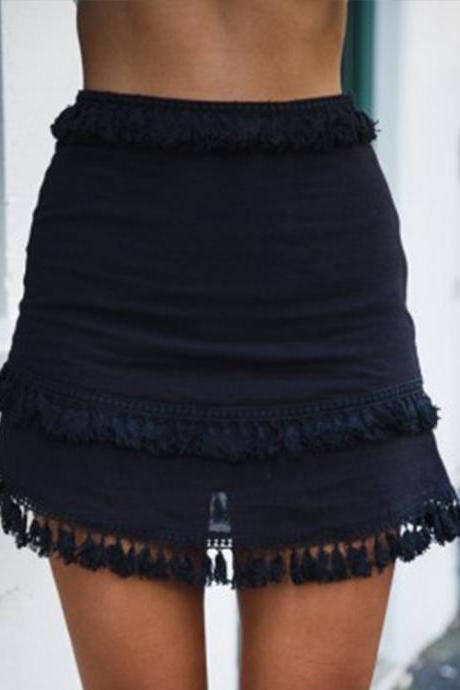 Women Mini Skirt Tassel Patchwork Casual Hight Waist Summer Streetwear Short Bodycon Skirt black