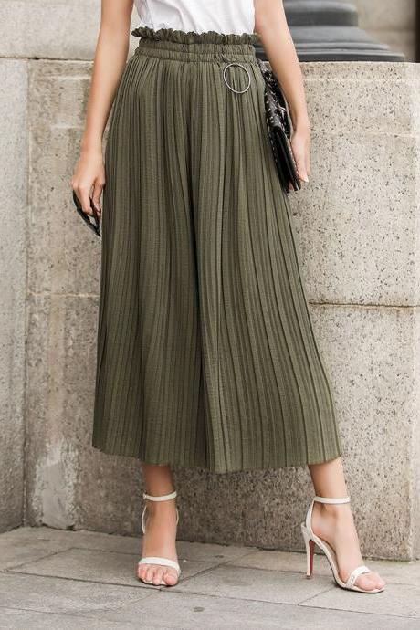 Women Wide Leg Pants High Waist Solid Summer Casual Loose Pleated Trousers army green