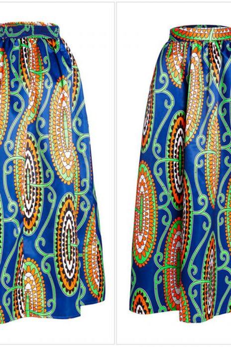 Women African Maxi Skirt Floral Printed High Waist Pleated Floor Length Boho Beach Long Skirt Q0001