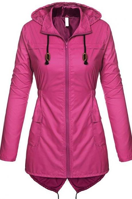 Women Raincoat Spring Autumn Hooded Long Sleeve Slim Fit Casual Waterproof Coat Jacket Hot Pink