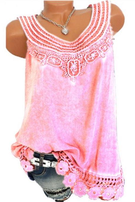  Women Tank Tops Lace Patchwork Vest Summer Casual Loose Sleeveless T Shirt pink