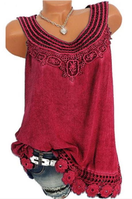  Women Tank Tops Lace Patchwork Vest Summer Casual Loose Sleeveless T Shirt wine red