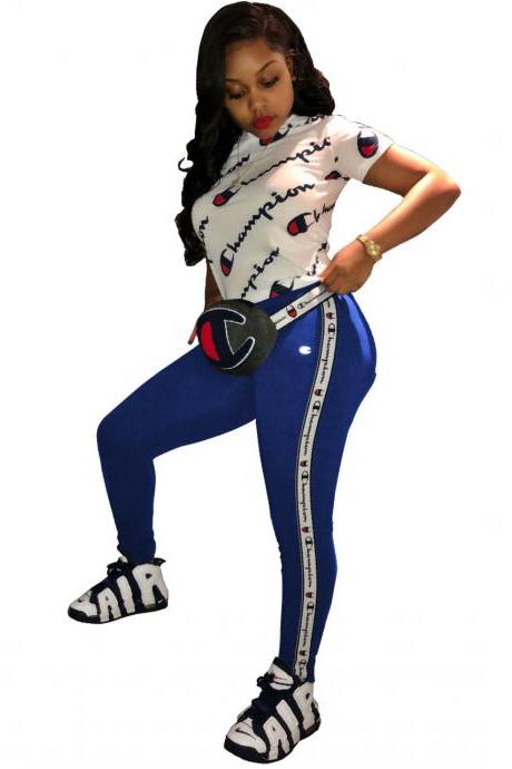Women Two Piece Set Short Sleeve T Shirt +Long Pencil Pants Floral Tracksuit Sporting Suits blue