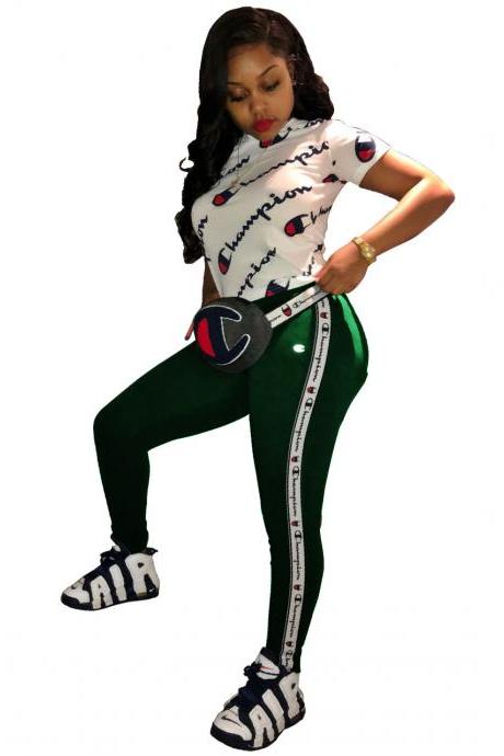 Women Two Piece Set Short Sleeve T Shirt +long Pencil Pants Floral Tracksuit Sporting Suits Green