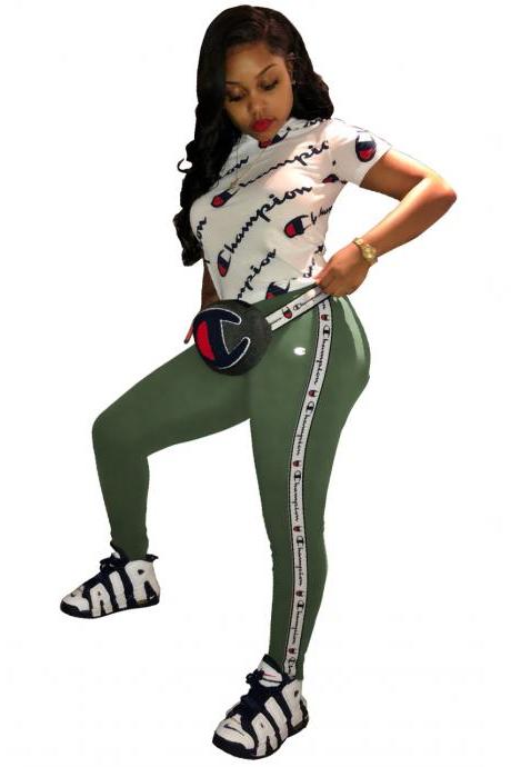 Women Two Piece Set Short Sleeve T Shirt +Long Pencil Pants Floral Tracksuit Sporting Suits pale green