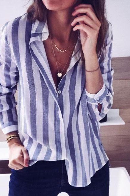  Women Striped Blouse Autumn V-Neck Button Turn down Collar Long Sleeve Work Tops Shirt blue