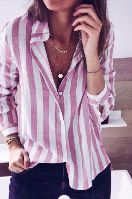 Women Striped Blouse Autumn V-Neck Button Turn down Collar Long Sleeve Work Tops Shirt pink
