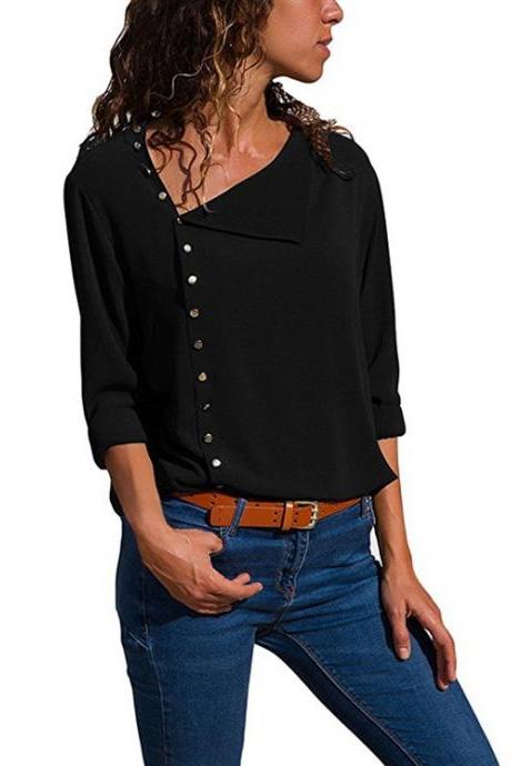  Women Blouse Skew Collar Button Long Sleeve Streetwear Casual Work Loose Top Shirt black