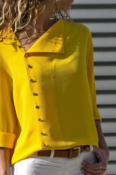 Women Blouse Skew Collar Button Long Sleeve Streetwear Casual Work Loose Top Shirt yellow