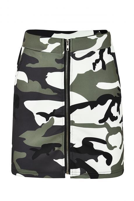Women Camouflage Mini Skirt Front Zipper High Waist Sexy Slim Shoot Bodycon Skirt 