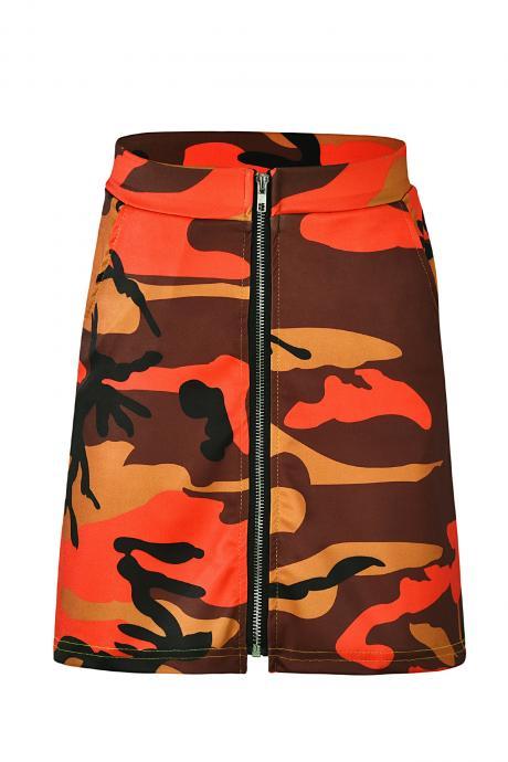 Women Camouflage Mini Skirt Front Zipper High Waist Sexy Slim Shoot Bodycon Skirt orange