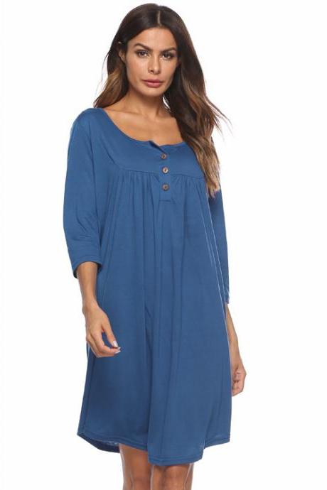 Women T Shirt Dress Autumn 3/4 Sleeve Buttons Plus Size Causal Loose Midi Dress blue