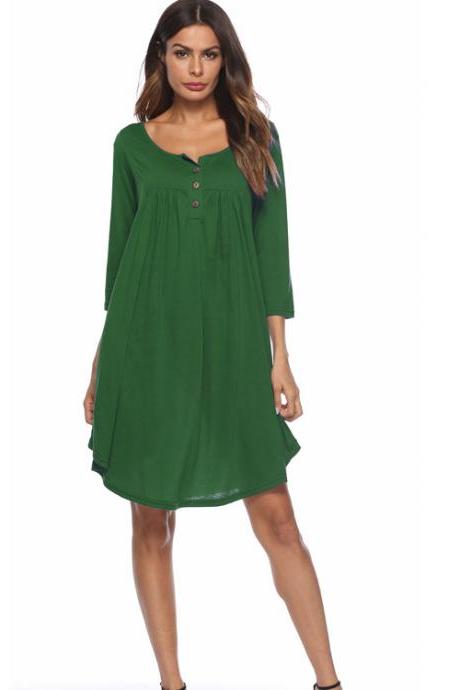 Women T Shirt Dress Autumn 3/4 Sleeve Buttons Plus Size Causal Loose Midi Dress Green
