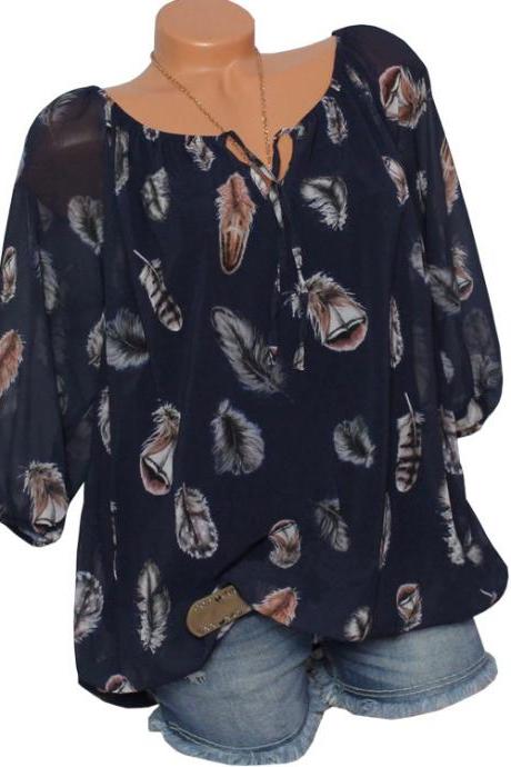 Women Feather Printed Blouse Half Sleeve Lace Up V-neck Off Shoulder Casual Loose Plus Size Top Shirts Navy Blue