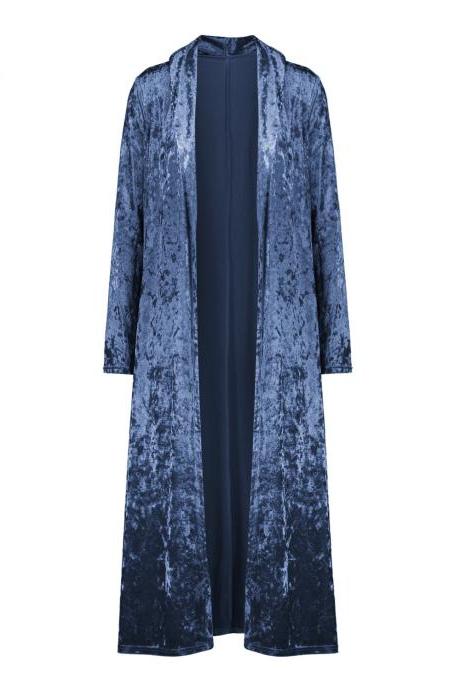 Women Velvet Trench Coat Autumn Slim Fit Long Sleeve Open Stitch Casual Long Maxi Cardigan Jackets blue