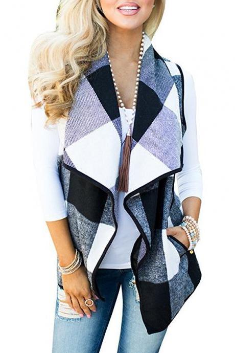 Women Plaid Waistcoat Spring Autumn Lapel Neck Casual Sleeveless Coat Cardigan Vest Jackets black+white