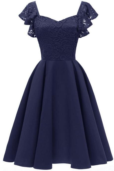 Women Casual Dress Vintage Ruffle Lace Cap Sleeve A Line Work Office Party Dress Navy Blue